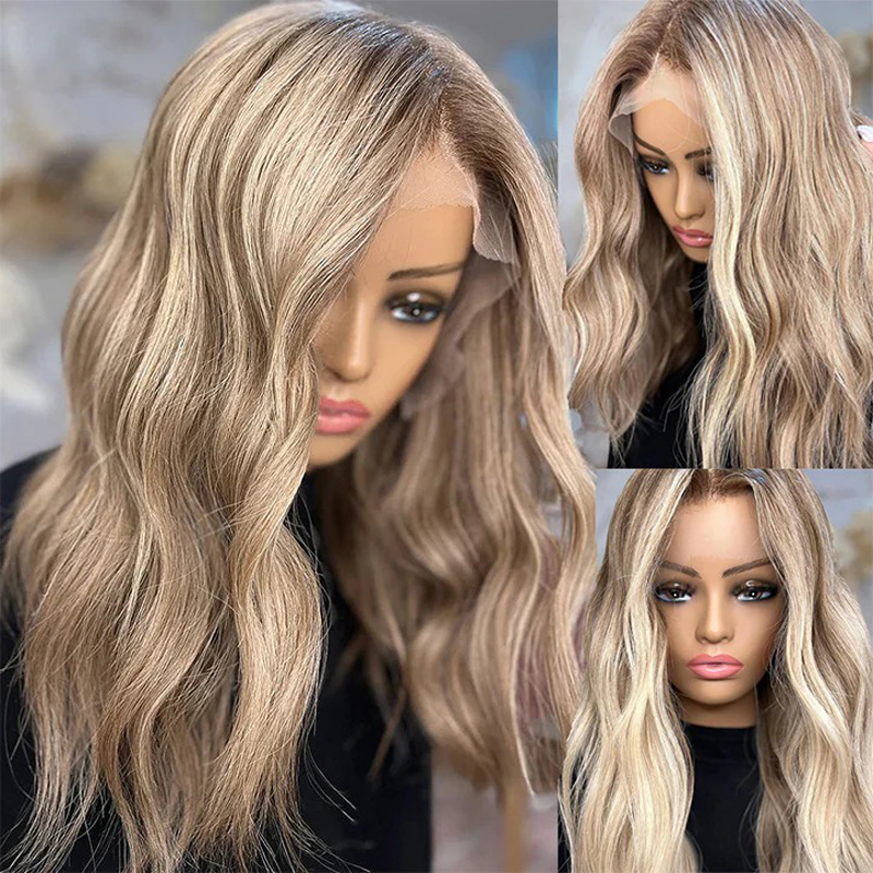 Ombre Ash Blonde Highlights Wavy Lace Front Wig With Dark Roots Glueless Wigs
