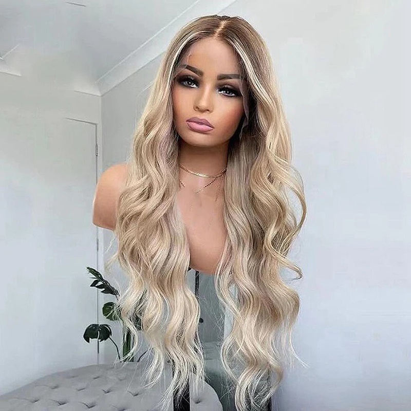 Ombre Ash Blonde Wavy Human Hair Wig Highlight 613 Body Wave Lace Front Wigs