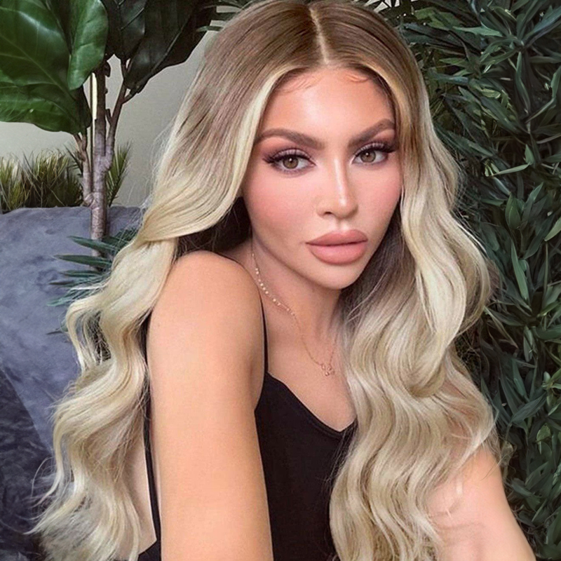 Ombre Ash Blonde Wavy Human Hair Wig Highlight 613 Body Wave Lace Front Wigs