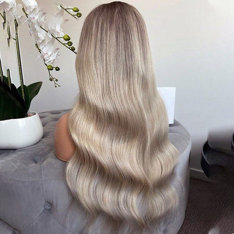 Ombre Ash Blonde Wavy Human Hair Wig Highlight 613 Body Wave Lace Front Wigs