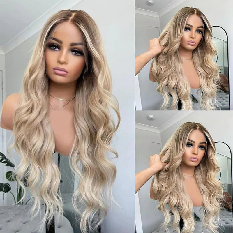 Ombre Ash Blonde Wavy Human Hair Wig Highlight 613 Body Wave Lace Front Wigs