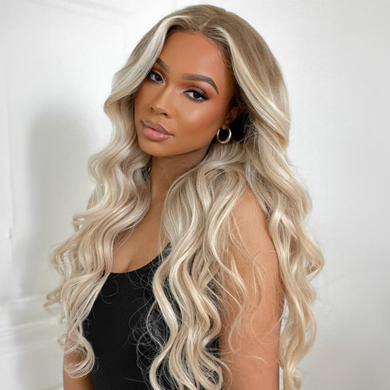 Ombre Ash Blonde Wavy Human Hair Wig Highlight 613 Body Wave Lace Front Wigs