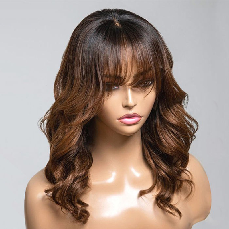 Ombre Chestnut Brown Wavy Layered Curtain Bangs Lace Front Wigs