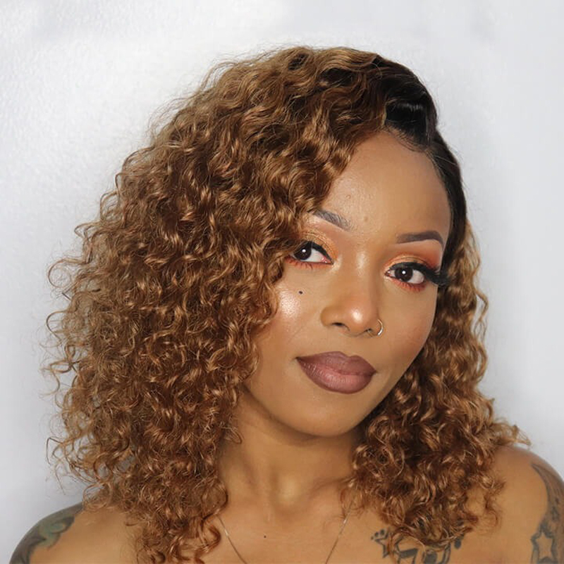 Ombre Honey Blonde Curly Human Hair Bob Lace Front Wigs Water Wave Lace Wigs