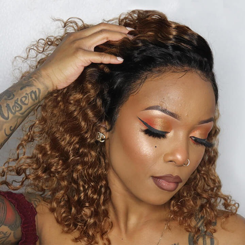 Ombre Honey Blonde Curly Human Hair Bob Lace Front Wigs Water Wave Lace Wigs