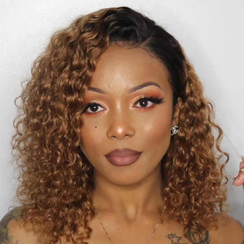 Ombre Honey Blonde Curly Human Hair Bob Lace Front Wigs Water Wave Lace Wigs