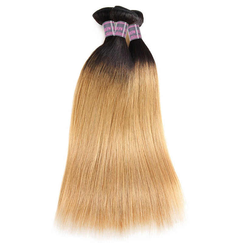 Ombre T1B/27 100% Virgin Human Hair Straight 3 Bundles With 4x4 Lace Closure