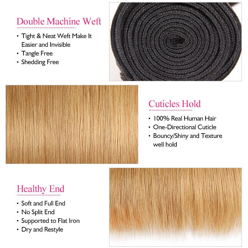 Ombre T1B/27 100% Virgin Human Hair Straight 3 Bundles With 4x4 Lace Closure