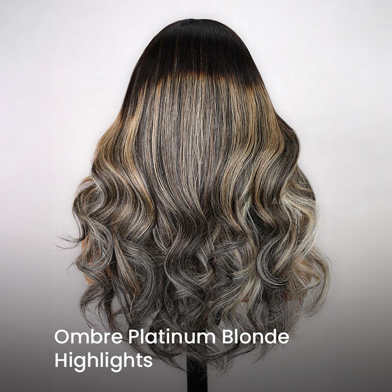 Ombre Platinum Blonde Highlights Loose Body Wave 6X6 Lace Glueless Balayage Wig