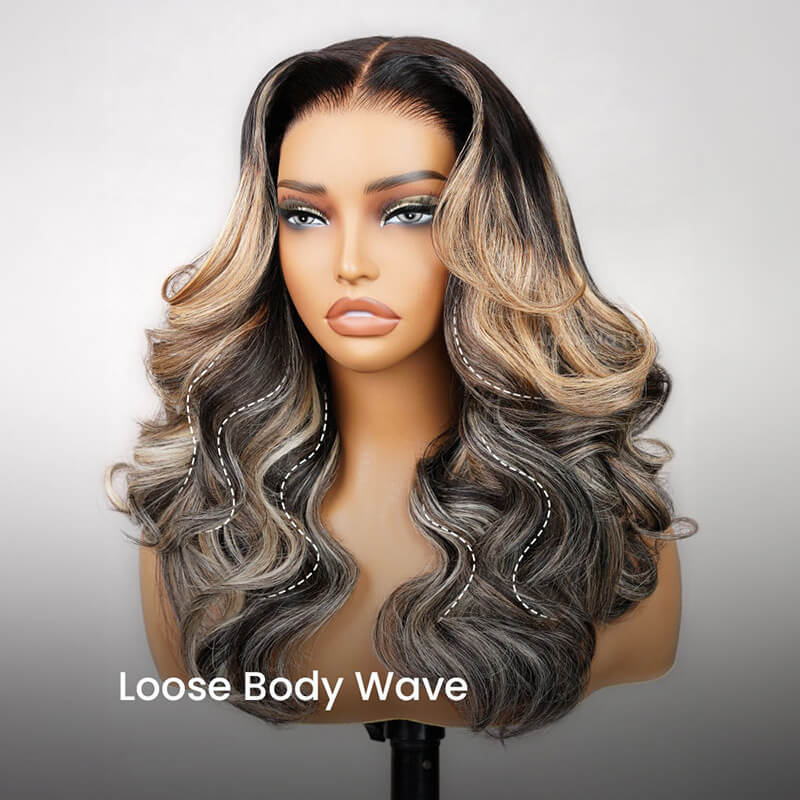 Ombre Platinum Blonde Highlights Loose Body Wave 6X6 Lace Glueless Balayage Wig
