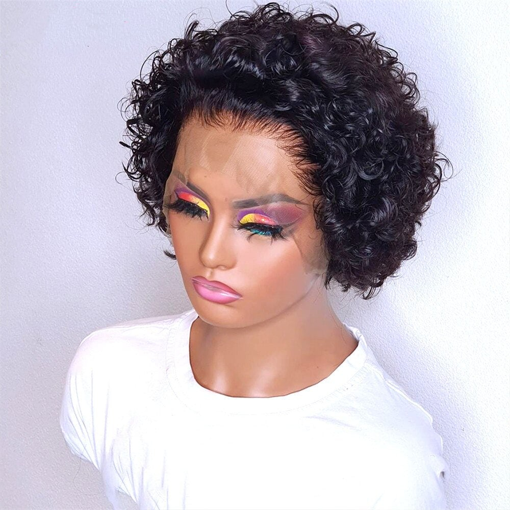 Pixie Cut Wigs Short Curly Human Hair Transparent Lace Wigs Pre Plucked