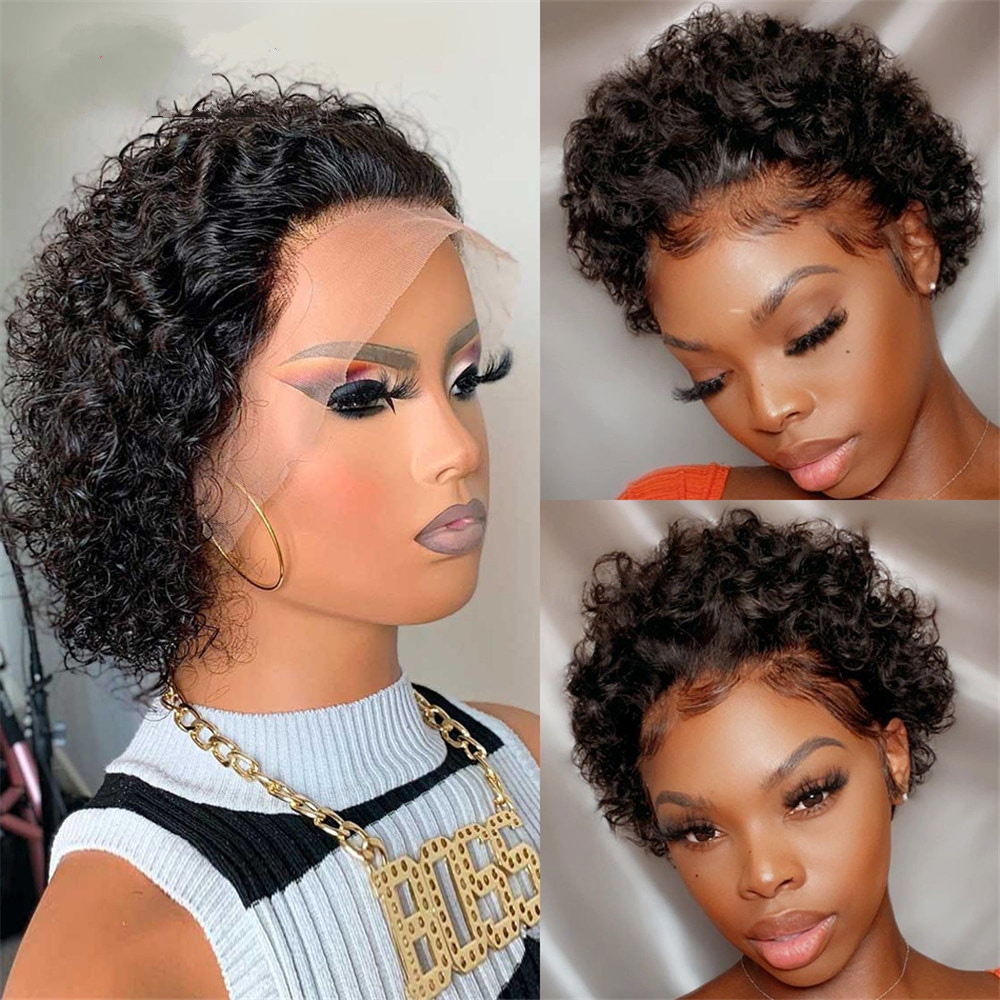 Pixie Cut Wigs Short Curly Human Hair Transparent Lace Wigs Pre Plucked