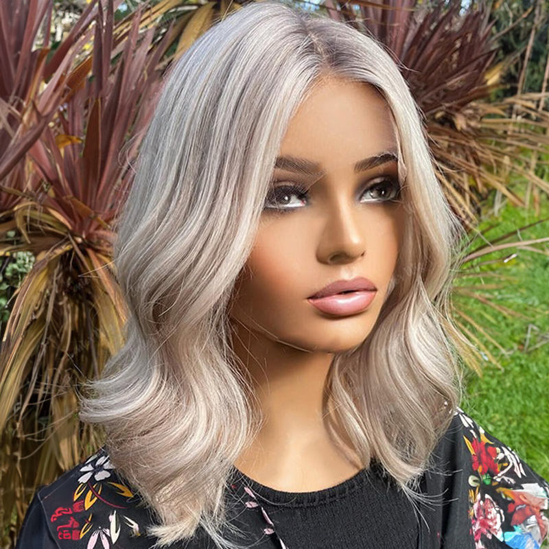 Platinum Ash Blonde Bob 13x4 Lace Wavy Wig Glueless Human Hair Wig