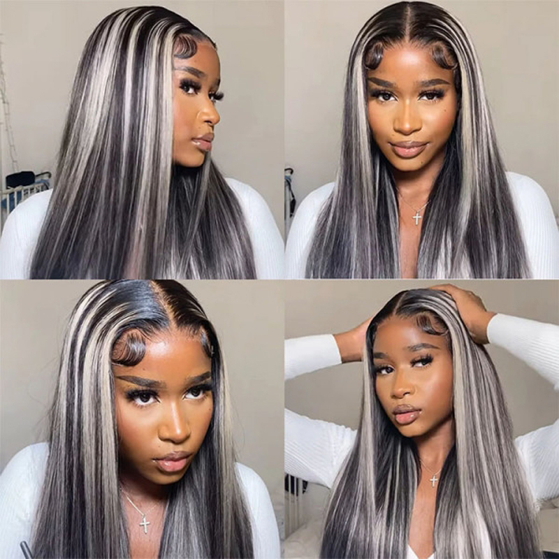 Platinum Blonde Grey Hair Wig Highlights On Black 13X4 Front Lace Wig