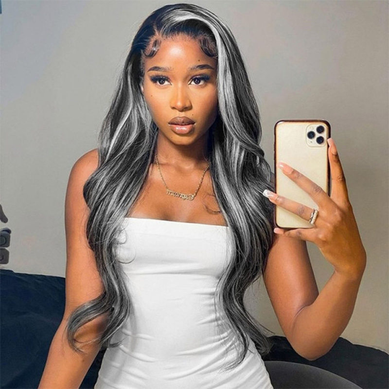Platinum Blonde Grey Hair Wig Highlights On Black 13X4 Front Lace Wig