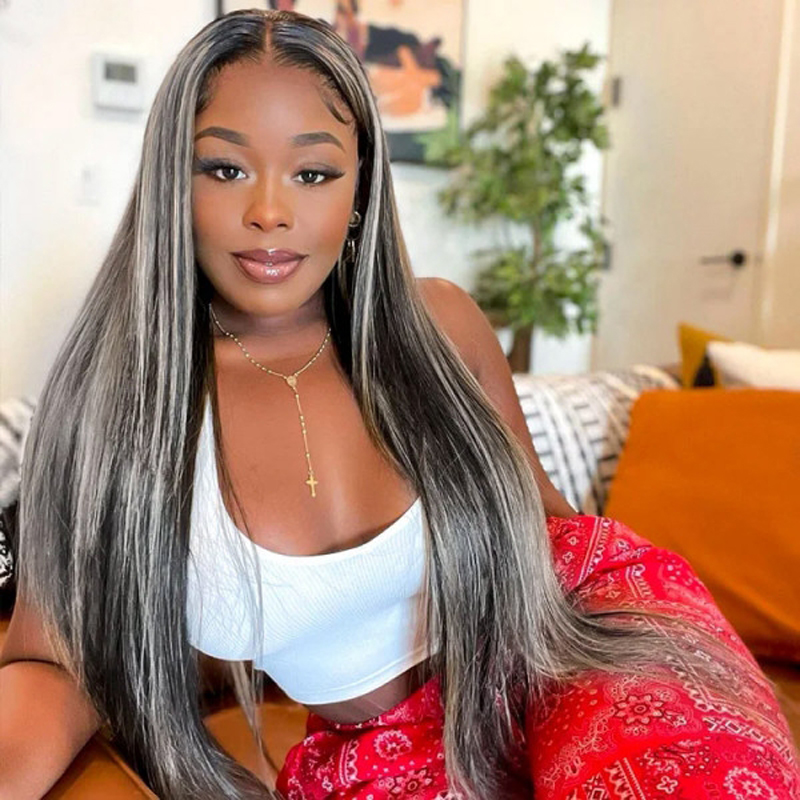 Platinum Blonde Grey Hair Wig Highlights On Black 13X4 Front Lace Wig
