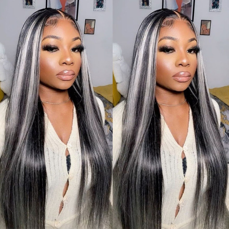 Platinum Blonde Grey Hair Wig Highlights On Black 13X4 HD Front Lace Wig