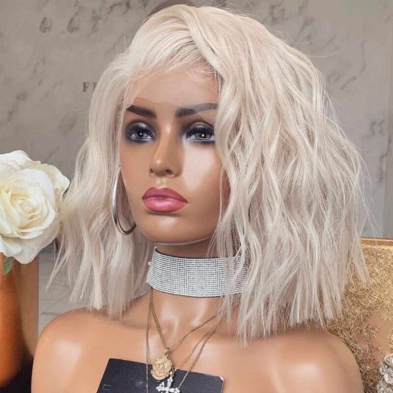 Platinum Blonde 13X4 Lace  Full  Front Human Hair Wig Wave Icy White Bob Wig