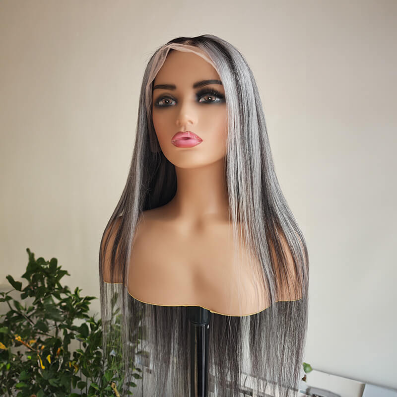 Platinum Blonde Grey Hair Wig Highlights On Black 13X4 Front Lace Wig