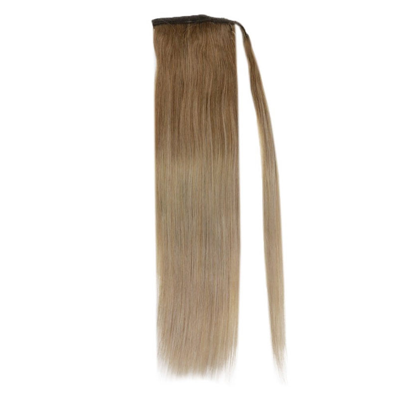 Ponytail Extension Human Hair Balayage Brown #10/14 100G Clip In Straight
