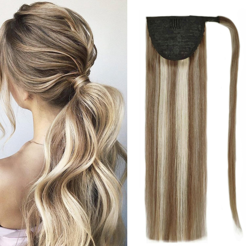Ponytail Extension Human Hair Dark Brown and Bleach Blonde Hairpieces