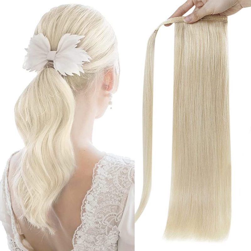 Ponytail Extension Human Hair Platinum Blonde #60 100G Clip In Extension