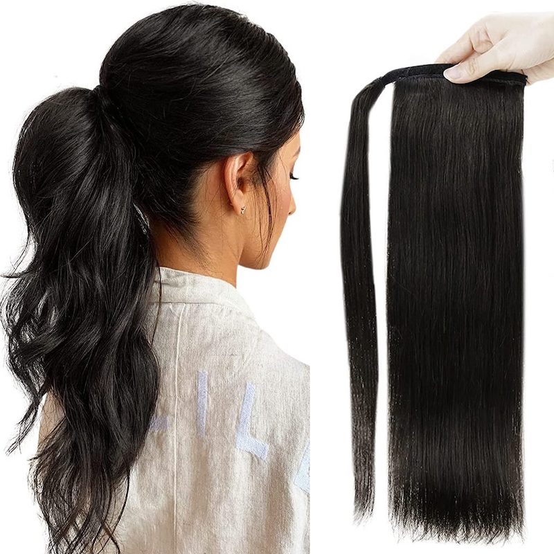 Ponytail Human Hair Clip in Hair Piece Ponytail Extension #1B Natural Black