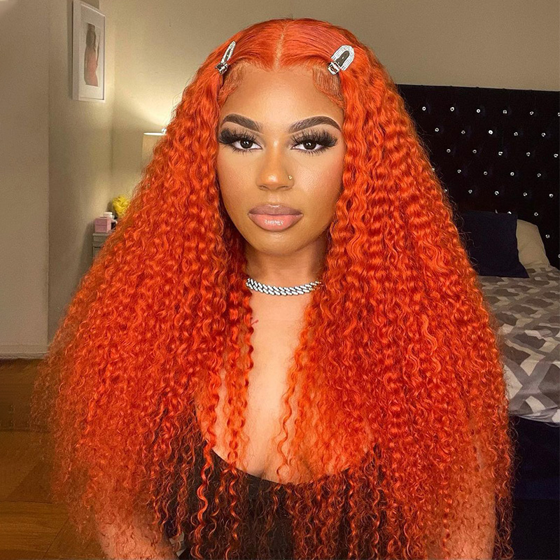 Pumpkin Orange Kinky Curly 13x4 Lace Front Wig Human Hair Transparent Lace