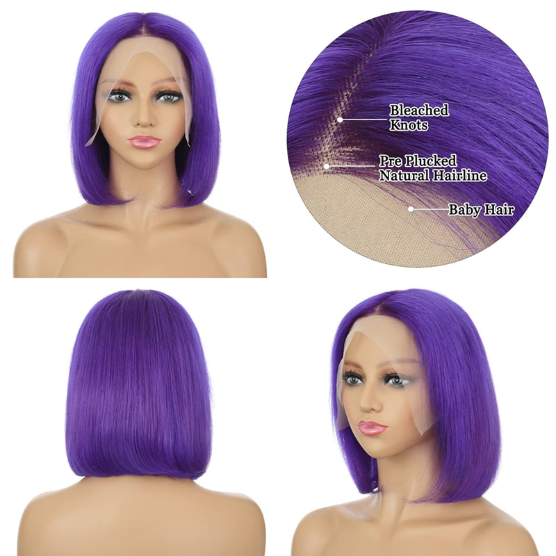 Purple Bob Wig Human Hair 10 Inch Colored 13x4 Lace Front Wig Pre Plucked