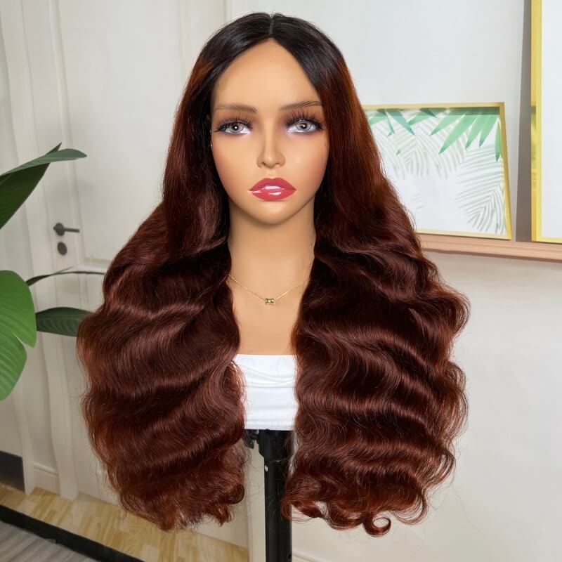 Red Brown Glueless V Part Body Wave Wig Human Hair Dark Roots Ombre Wigs