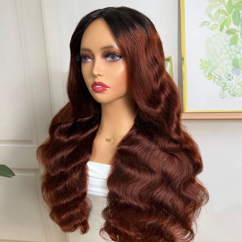 Red Brown Glueless V Part Body Wave Wig Human Hair Dark Roots Ombre Wigs