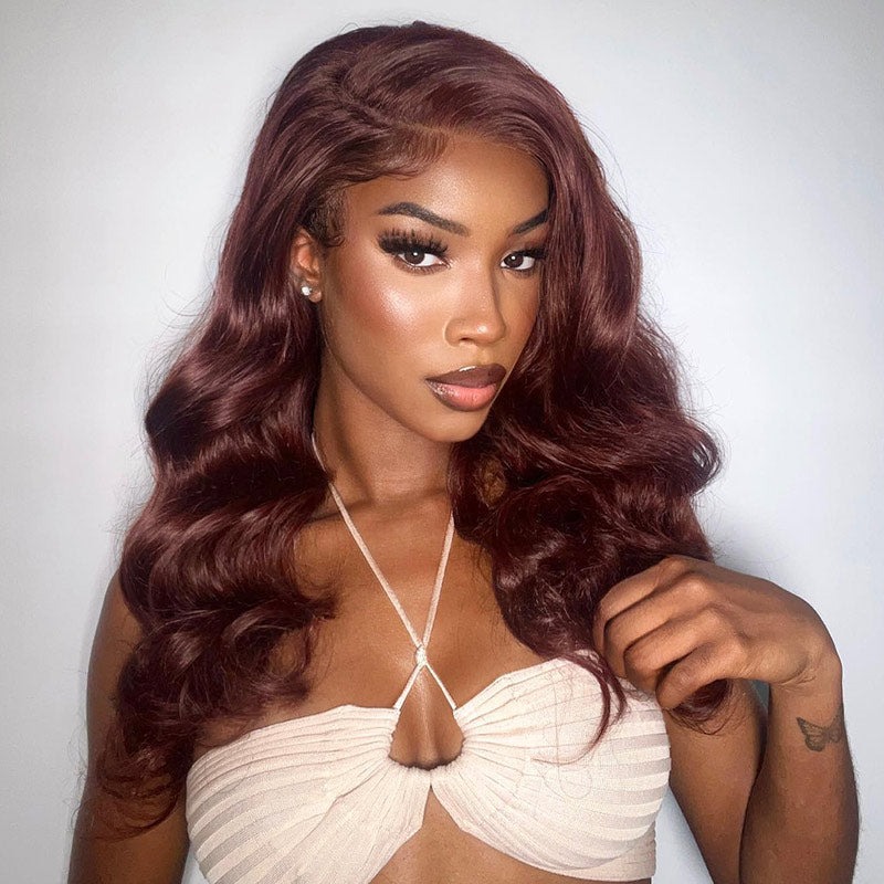 Reddish Brown Body Wave Wig 5X5 Transparent Lace Wig C Part Human Hair Wigs