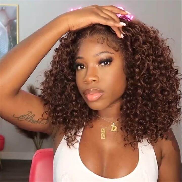 Reddish Brown 5X5 Lace Closure Curly Bob Wig Glueless  Human Hair Wigs