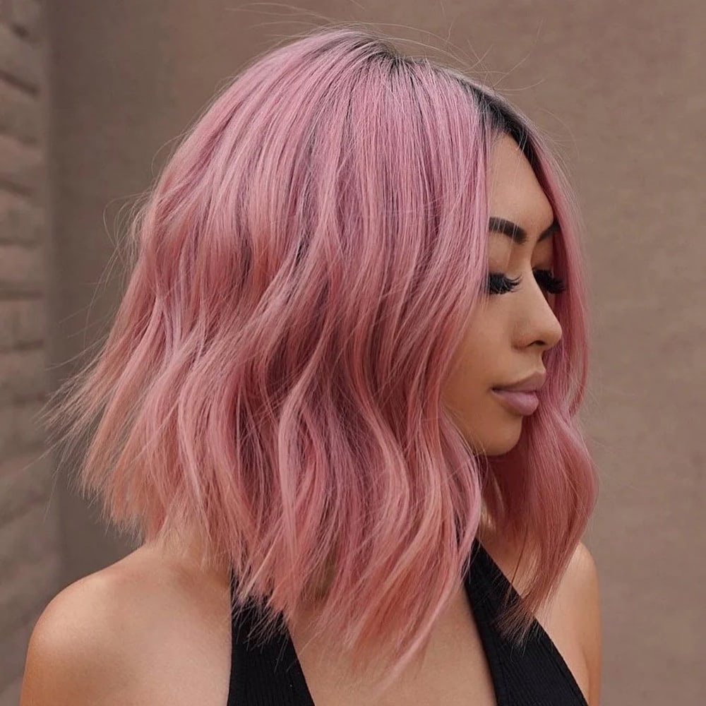 Luve Rose Pink With Dark Roots Wave Bob 100% Human Hair 13x4 Lace Front Wig 