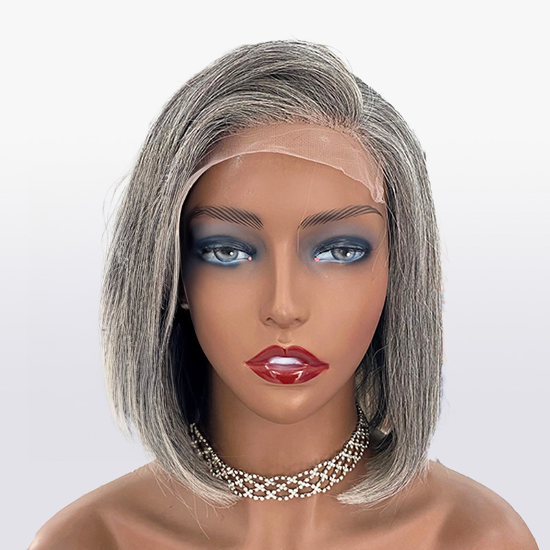 Salt And Pepper Human Hair Bob Wigs 180% Density Glueless Grey Wigs