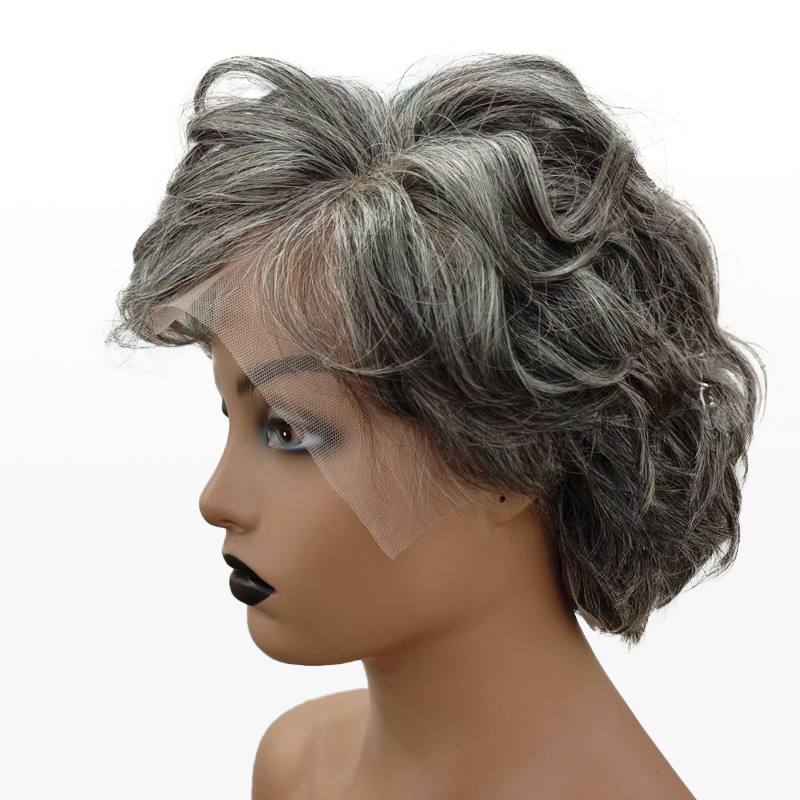 Salt & Pepper Custom Pixie Cuts Wig Natural Wave Bangs Wigs For Mom