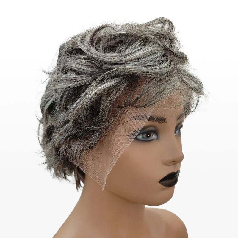 Salt & Pepper Custom Pixie Cuts Wig Natural Wave Bangs Wigs For Mom