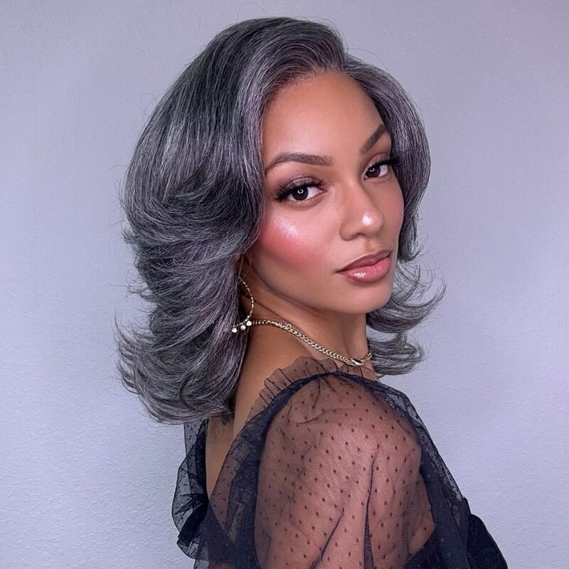 Salt and Pepper Chic Layered Haircut Wavy Glueless 5X5 Closure Lace Short Wig
