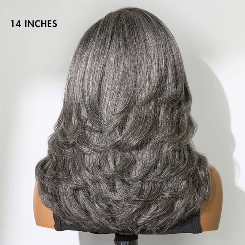 Salt and Pepper Chic Layered Haircut Wavy Glueless 5X5 Closure Lace Short Wig