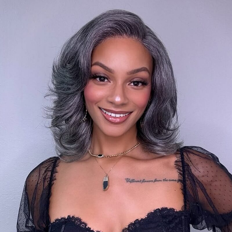 Salt and Pepper Chic Layered Haircut Wavy Glueless 5X5 Closure Lace Short Wig