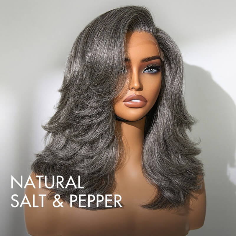 Salt and Pepper Chic Layered Haircut Wavy Glueless 5X5 Closure Lace Short Wig