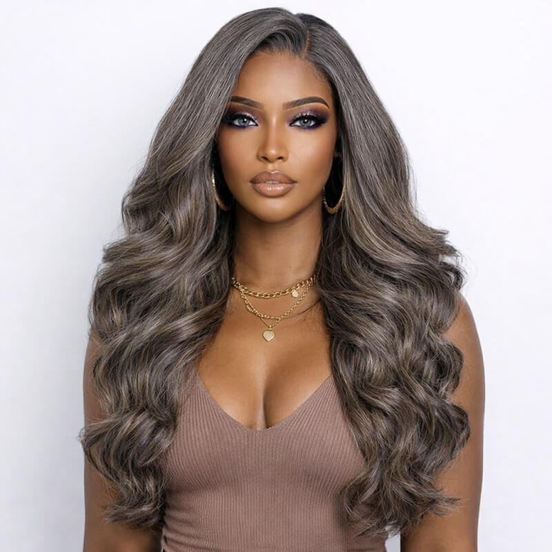 Salt And Pepper Wigs Loose Wave Grey Glueless 5X5 Closure Lace Wig