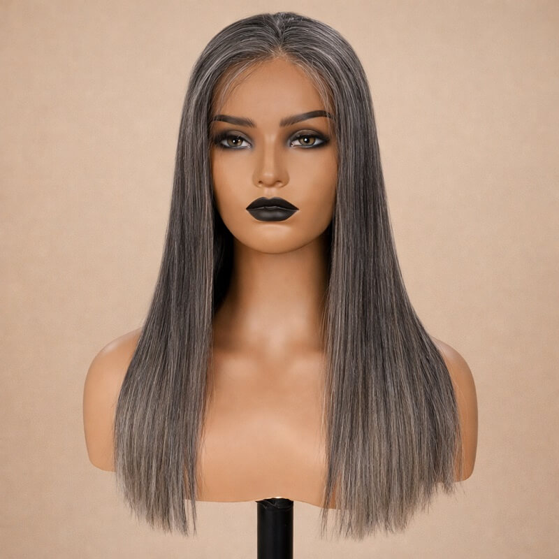 Salt & Pepper Wigs Straight Hair Glueless 5X5 Lace Closure Wig 200% Density