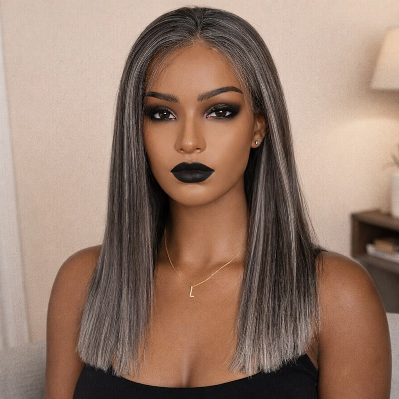 Salt & Pepper Wigs Straight Hair Glueless 5X5 Lace Closure Wig 200% Density