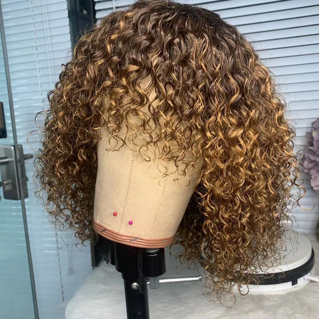 Short Bob Wig with Bangs Human Hair Ombre Blonde None Lace Wigs