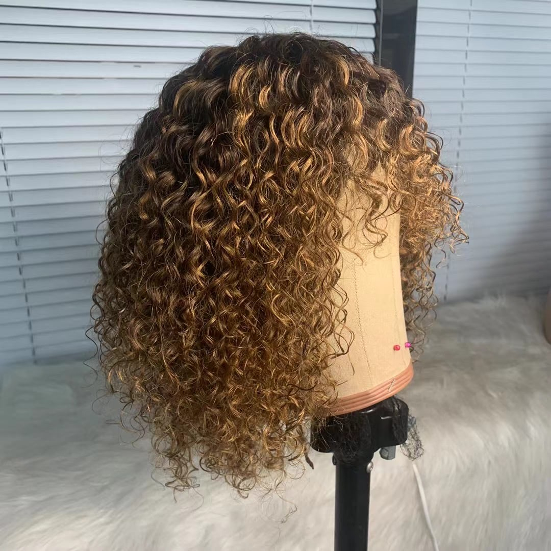 Short Bob Wig with Bangs Human Hair Ombre Blonde None Lace Wigs