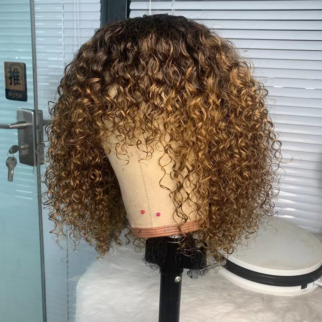 Short Bob Wig with Bangs Human Hair Ombre Blonde None Lace Wigs