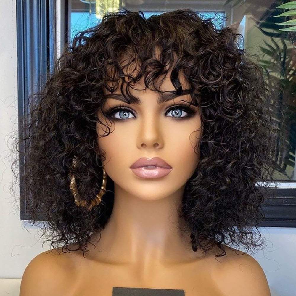 Short Bob Wig with Bangs Human Hair Wigs for Black Women None Lace