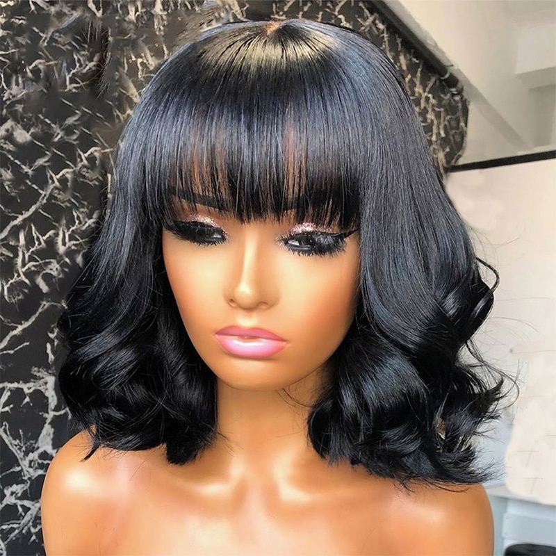 Short Bob Wigs With Bangs Body Wave Human Hair Wig With Bangs None Lace Wigs