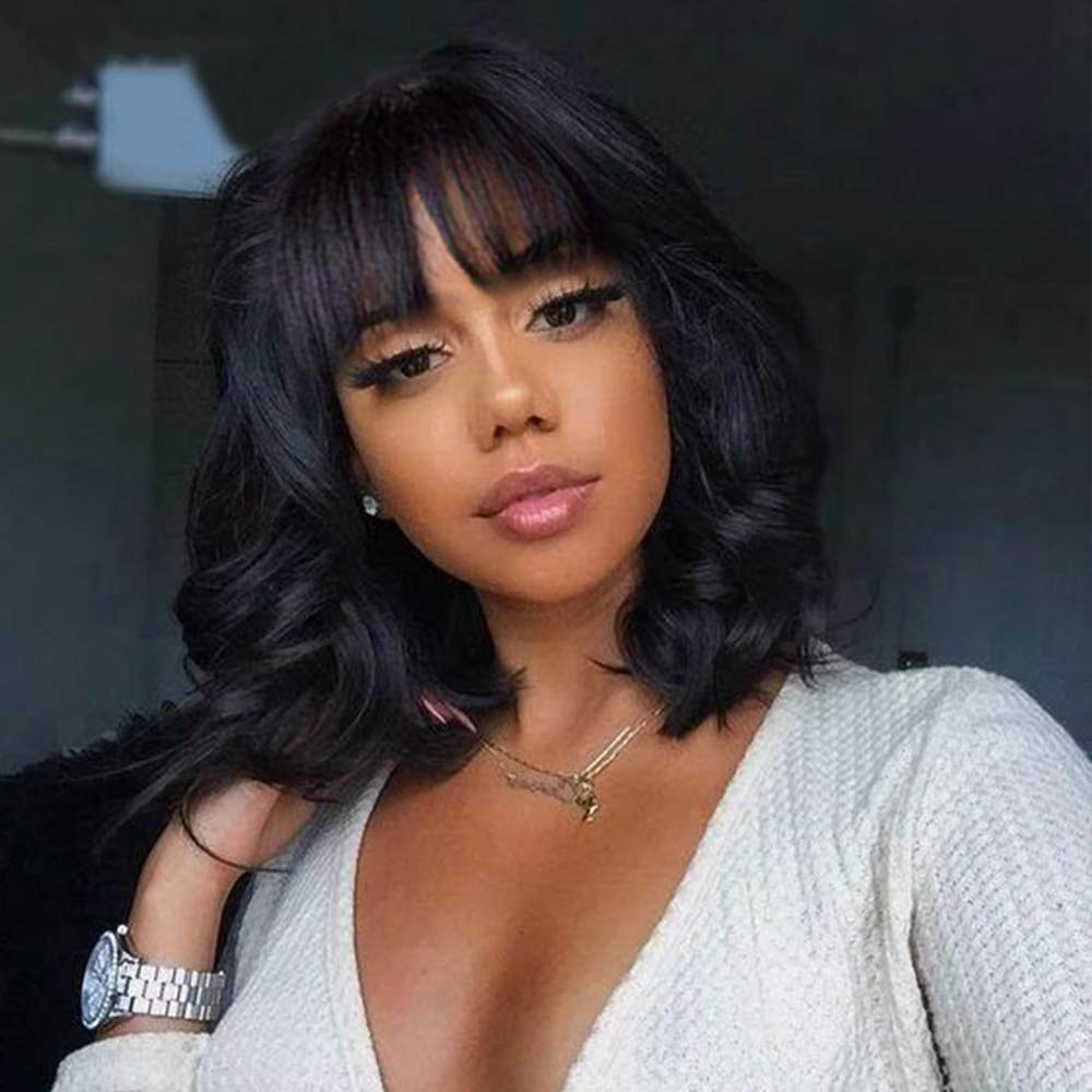Short Bob Wigs With Bangs Body Wave Human Hair Wig With Bangs None Lace Wigs